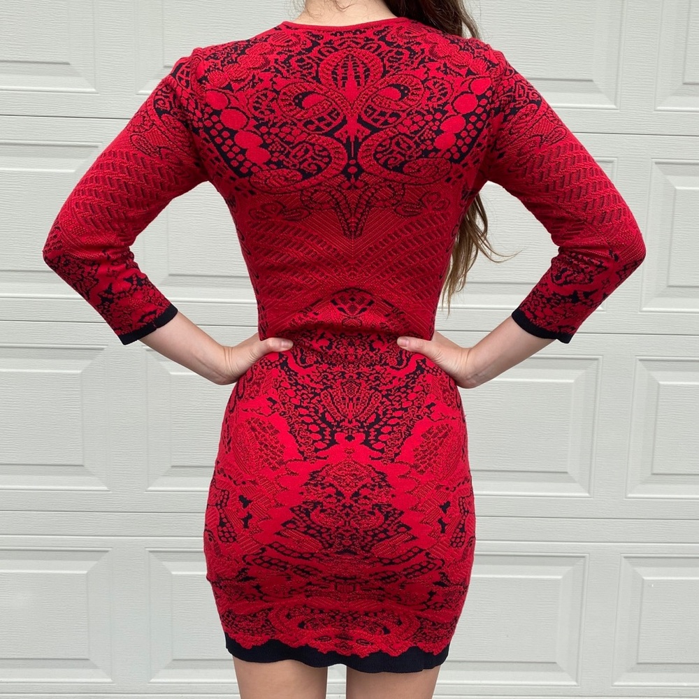 Red and Black Long Sleeve Body Con Dress